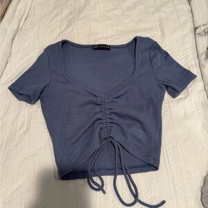 Zara Blue Ruched Crop Blouse